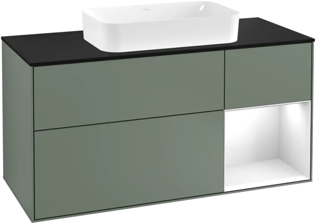 VILLEROY BOCH Toaletní skříňka Finion, s osvětlením, 3 výsuvy, 1200 x 603 x 501 mm, olivový matný lak / lesklý bílý lak / sklo černé matné #F302GFGM