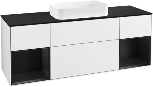 VILLEROY BOCH Toaletní skříňka Finion, s osvětlením, 4 výsuvy, 1600 x 603 x 501 mm, lesklý bílý lak / černý matný lak / černé matné sklo #F332PDGF
