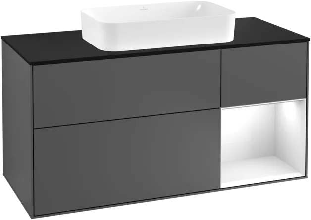 VILLEROY BOCH Toaletní skříňka Finion, s osvětlením, 3 výsuvy, 1200 x 603 x 501 mm, antracitový matný lak / lesklý bílý lak / černé matné sklo #F302GFGK