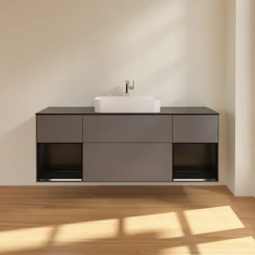 VILLEROY BOCH Toaletní skříňka Finion, s osvětlením, 4 výsuvy, 1600 x 603 x 501 mm, antracitový matný lak / černý matný lak / černé matné sklo #F332PDGK, obrázek 3