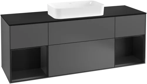 VILLEROY BOCH Toaletní skříňka Finion, s osvětlením, 4 výsuvy, 1600 x 603 x 501 mm, antracitový matný lak / černý matný lak / černé matné sklo #F332PDGK