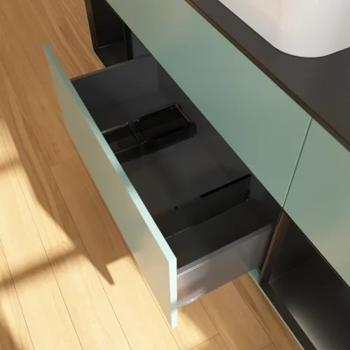 VILLEROY BOCH Toaletní skříňka Finion, s osvětlením, 4 výsuvy, 1600 x 603 x 501 mm, olivový matný lak / černý matný lak / černé matné sklo #F332PDGM, obrázek 7