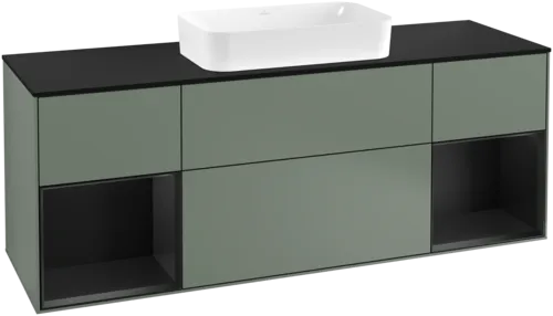 VILLEROY BOCH Toaletní skříňka Finion, s osvětlením, 4 výsuvy, 1600 x 603 x 501 mm, olivový matný lak / černý matný lak / černé matné sklo #F332PDGM