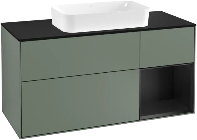 VILLEROY BOCH Toaletní skříňka Finion, s osvětlením, 3 výsuvy, 1200 x 603 x 501 mm, olivový matný lak / černý matný lak / černé matné sklo #F302PDGM
