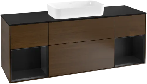 VILLEROY BOCH Toaletní skříňka Finion, s osvětlením, 4 výsuvy, 1600 x 603 x 501 mm, ořechová dýha / černý matný lak / černé matné sklo #F332PDGN