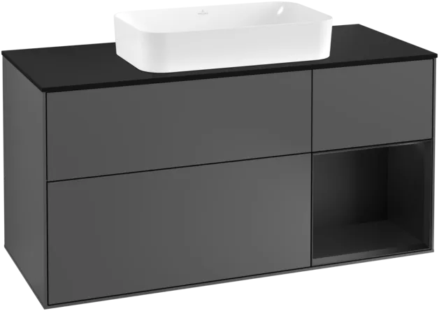 VILLEROY BOCH Toaletní skříňka Finion, s osvětlením, 3 výsuvy, 1200 x 603 x 501 mm, antracitový matný lak / černý matný lak / černé matné sklo #F302PDGK