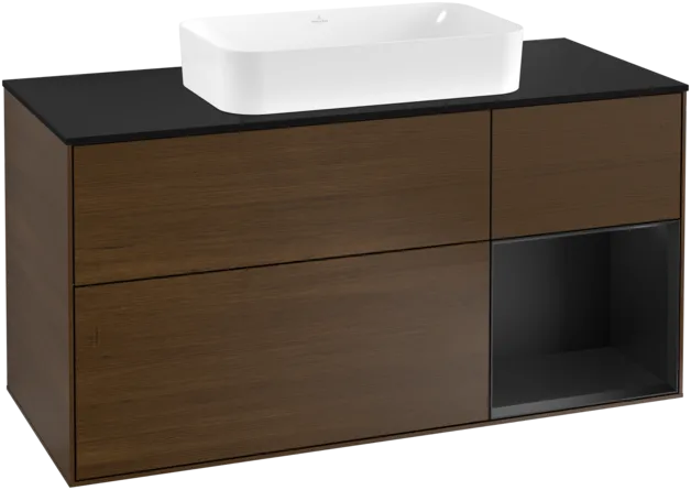 VILLEROY BOCH Toaletní skříňka Finion, s osvětlením, 3 výsuvy, 1200 x 603 x 501 mm, ořechová dýha / černý matný lak / černé matné sklo #F302PDGN