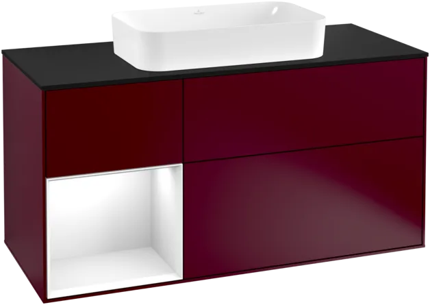 VILLEROY BOCH Toaletní skříňka Finion, s osvětlením, 3 výsuvy, 1200 x 603 x 501 mm, matný lak Peony / lesklý bílý lak / černé matné sklo #F292GFHB