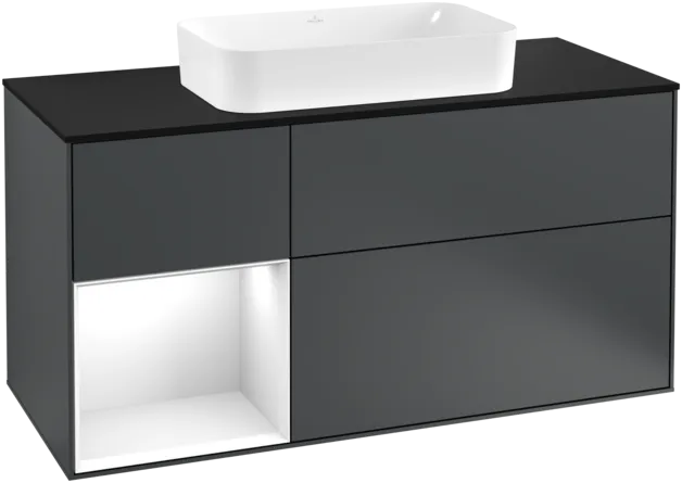 VILLEROY BOCH Toaletní skříňka Finion, s osvětlením, 3 výsuvy, 1200 x 603 x 501 mm, Midnight Blue Matt Lacquer / Glossy White Lacquer / Glass Black Matt #F292GFHG