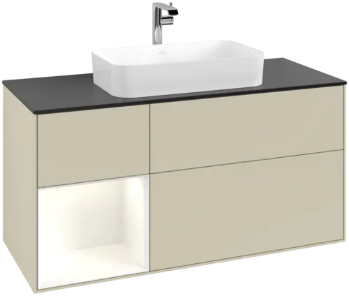 VILLEROY BOCH Toaletní skříňka Finion, s osvětlením, 3 výsuvy, 1200 x 603 x 501 mm, hedvábně šedý matný lak / lesklý bílý lak / černé matné sklo #F292GFHJ