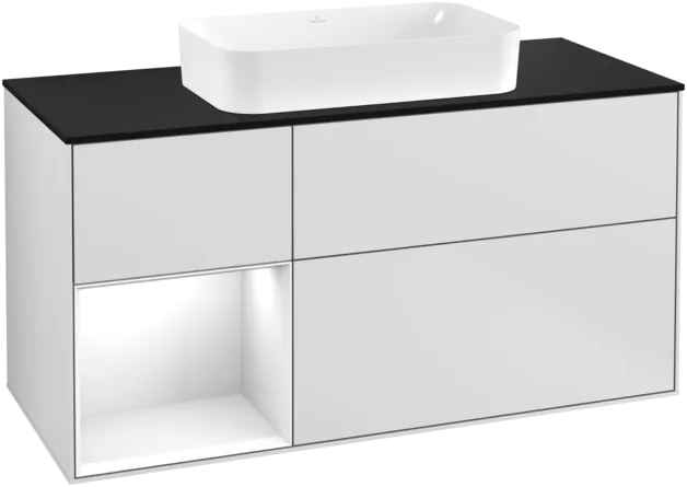 VILLEROY BOCH Toaletní skříňka Finion, s osvětlením, 3 výsuvy, 1200 x 603 x 501 mm, bílý matný lak / bílý lesklý lak / černé matné sklo #F292GFMT
