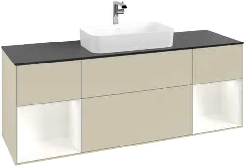 VILLEROY BOCH Toaletní skříňka Finion, s osvětlením, 4 výsuvy, 1600 x 603 x 501 mm, hedvábně šedý matný lak / bílý matný lak / černé matné sklo #F332MTHJ