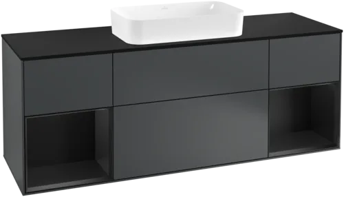 VILLEROY BOCH Toaletní skříňka Finion, s osvětlením, 4 výsuvy, 1600 x 603 x 501 mm, Midnight Blue Matt Lacquer / Black Matt Lacquer / Glass Black Matt #F332PDHG
