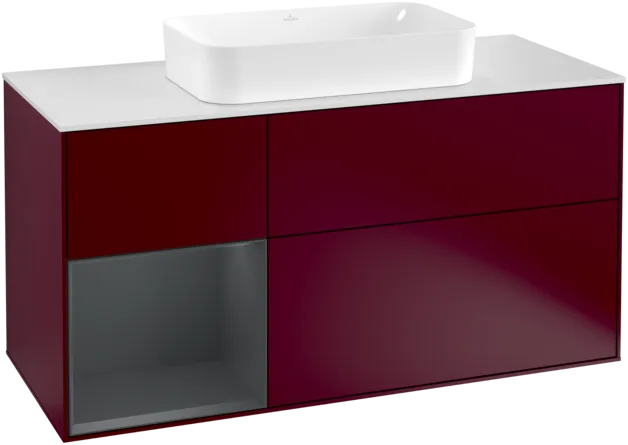VILLEROY BOCH Toaletní skříňka Finion, s osvětlením, 3 výsuvy, 1200 x 603 x 501 mm, Pivoňka matný lak / Půlnoční modrá matný lak / Sklo bílé matné #F291HGHB