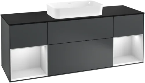VILLEROY BOCH Toaletní skříňka Finion, s osvětlením, 4 výsuvy, 1600 x 603 x 501 mm, Midnight Blue Matt Lacquer / White Matt Lacquer / Glass Black Matt #F332MTHG