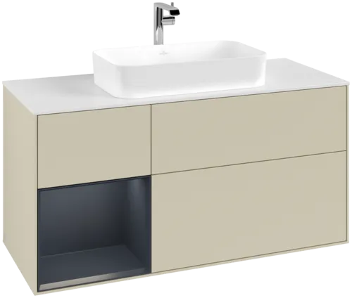 VILLEROY BOCH Toaletní skříňka Finion, s osvětlením, 3 výsuvy, 1200 x 603 x 501 mm, hedvábně šedý matný lak / půlnočně modrý matný lak / bílé matné sklo #F291HGHJ
