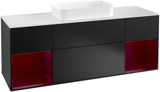 VILLEROY BOCH Toaletní skříňka Finion, s osvětlením, 4 výsuvy, 1600 x 603 x 501 mm, černý matný lak / pivoňkový matný lak / bílé matné sklo #F331HBPD