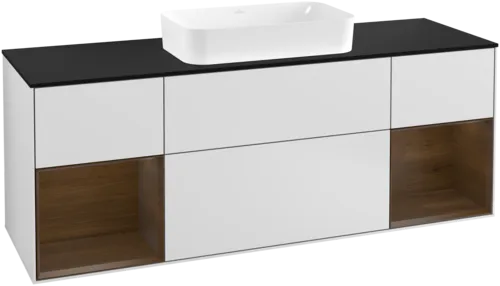 VILLEROY BOCH Toaletní skříňka Finion, s osvětlením, 4 výsuvy, 1600 x 603 x 501 mm, bílý matný lak / ořechová dýha / černé matné sklo #F332GNMT