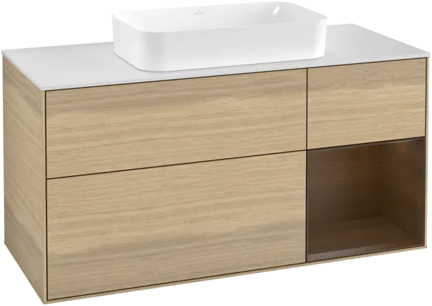 VILLEROY BOCH Toaletní skříňka Finion, s osvětlením, 3 výsuvy, 1200 x 603 x 501 mm, dubová dýha / ořechová dýha / sklo bílé matné #F301GNPC