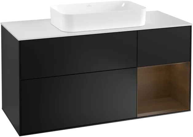 VILLEROY BOCH Toaletní skříňka Finion, s osvětlením, 3 výsuvy, 1200 x 603 x 501 mm, černý matný lak / ořechová dýha / bílé matné sklo #F301GNPD