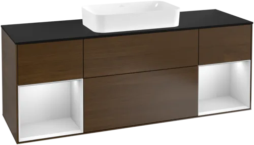 VILLEROY BOCH Toaletní skříňka Finion, s osvětlením, 4 výsuvy, 1600 x 603 x 501 mm, ořechová dýha / bílý matný lak / černé matné sklo #F332MTGN