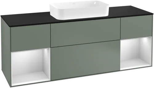 VILLEROY BOCH Toaletní skříňka Finion, s osvětlením, 4 výsuvy, 1600 x 603 x 501 mm, olivový matný lak / bílý matný lak / černé matné sklo #F332MTGM