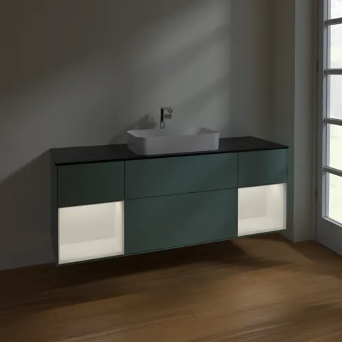 VILLEROY BOCH Toaletní skříňka Finion, s osvětlením, 4 výsuvy, 1600 x 603 x 501 mm, olivový matný lak / bílý matný lak / černé matné sklo #F332MTGM, obrázek 5