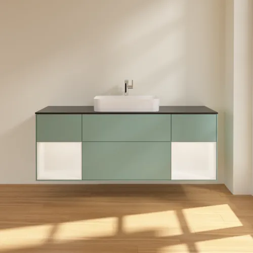 VILLEROY BOCH Toaletní skříňka Finion, s osvětlením, 4 výsuvy, 1600 x 603 x 501 mm, olivový matný lak / bílý matný lak / černé matné sklo #F332MTGM, obrázek 3
