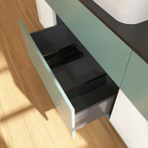 VILLEROY BOCH Toaletní skříňka Finion, s osvětlením, 4 výsuvy, 1600 x 603 x 501 mm, olivový matný lak / bílý matný lak / černé matné sklo #F332MTGM, obrázek 7