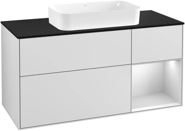 VILLEROY BOCH Toaletní skříňka Finion, s osvětlením, 3 výsuvy, 1200 x 603 x 501 mm, bílý matný lak / bílý matný lak / černé matné sklo #F302MTMT