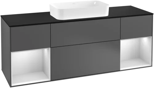VILLEROY BOCH Toaletní skříňka Finion, s osvětlením, 4 výsuvy, 1600 x 603 x 501 mm, antracitový matný lak / bílý matný lak / černé matné sklo #F332MTGK