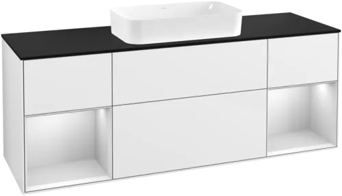 VILLEROY BOCH Toaletní skříňka Finion, s osvětlením, 4 výsuvy, 1600 x 603 x 501 mm, lesklý bílý lak / bílý matný lak / sklo černé matné #F332MTGF