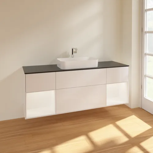 VILLEROY BOCH Toaletní skříňka Finion, s osvětlením, 4 výsuvy, 1600 x 603 x 501 mm, lesklý bílý lak / bílý matný lak / sklo černé matné #F332MTGF, obrázek 2