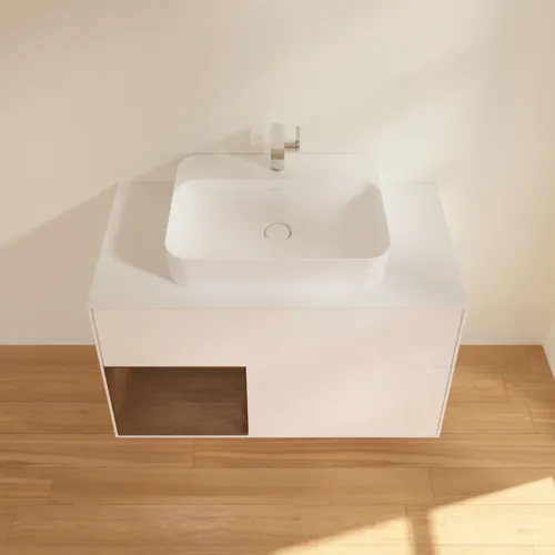 VILLEROY BOCH Toaletní skříňka Finion, s osvětlením, 2 výsuvy, 1000 x 603 x 501 mm, bílý matný lak / ořechová dýha / sklo bílé matné #F361GNMT, obrázek 4