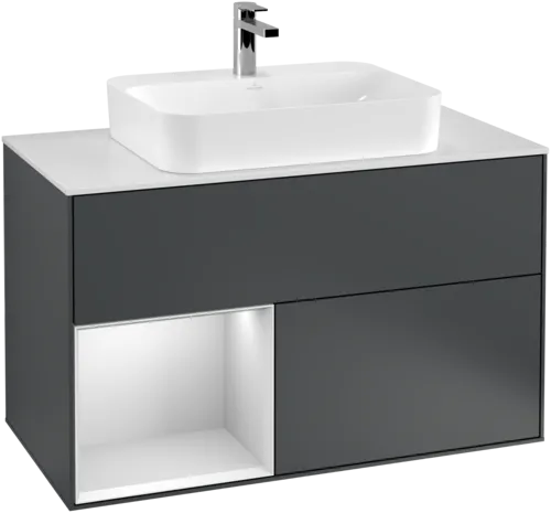 VILLEROY BOCH Toaletní skříňka Finion, s osvětlením, 2 výsuvy, 1000 x 603 x 501 mm, Midnight Blue Matt Lacquer / White Matt Lacquer / Glass White Matt #F361MTHG
