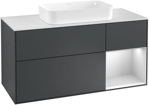 VILLEROY BOCH Toaletní skříňka Finion, s osvětlením, 3 výsuvy, 1200 x 603 x 501 mm, Midnight Blue Matt Lacquer / White Matt Lacquer / Glass White Matt #F301MTHG