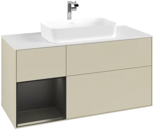 VILLEROY BOCH Toaletní skříňka Finion, s osvětlením, 3 výsuvy, 1200 x 603 x 501 mm, hedvábně šedý matný lak / černý matný lak / bílé matné sklo #F291PDHJ