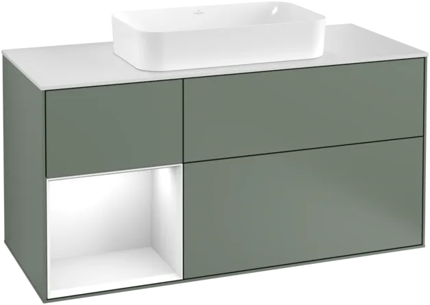 VILLEROY BOCH Toaletní skříňka Finion, s osvětlením, 3 výsuvy, 1200 x 603 x 501 mm, olivově matný lak / lesklý bílý lak / sklo bílé matné #F291GFGM