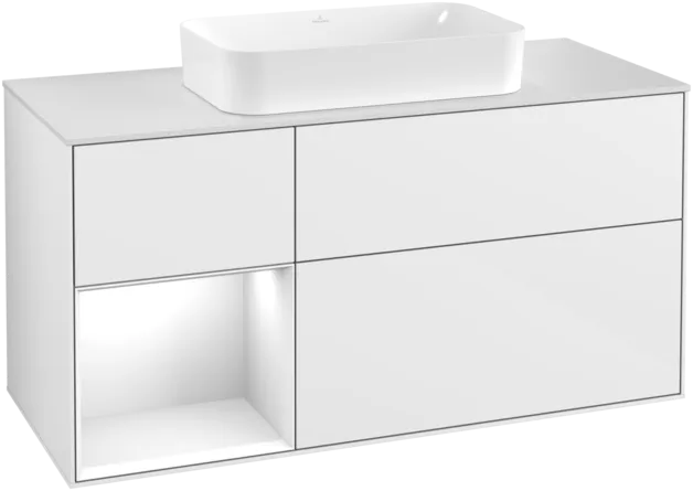 VILLEROY BOCH Toaletní skříňka Finion, s osvětlením, 3 výsuvy, 1200 x 603 x 501 mm, lesklý bílý lak / lesklý bílý lak / sklo bílé matné #F291GFGF