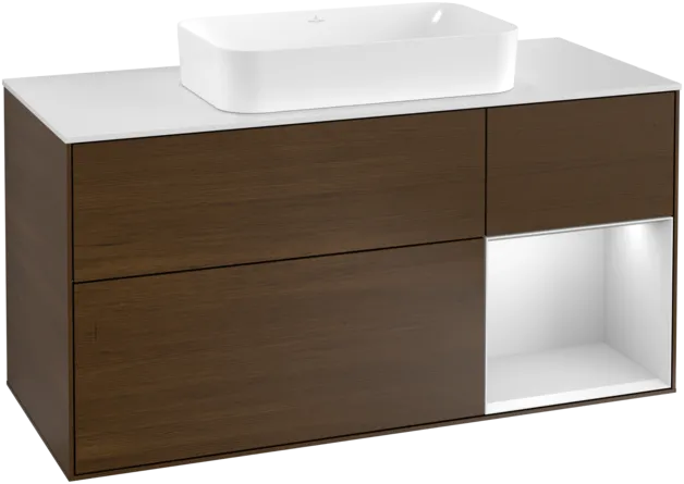 VILLEROY BOCH Toaletní skříňka Finion, s osvětlením, 3 výsuvy, 1200 x 603 x 501 mm, ořechová dýha / bílý matný lak / bílé matné sklo #F301MTGN