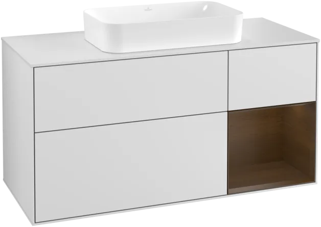 VILLEROY BOCH Toaletní skříňka Finion, s osvětlením, 3 výsuvy, 1200 x 603 x 501 mm, bílý matný lak / ořechová dýha / sklo bílé matné #F301GNMT