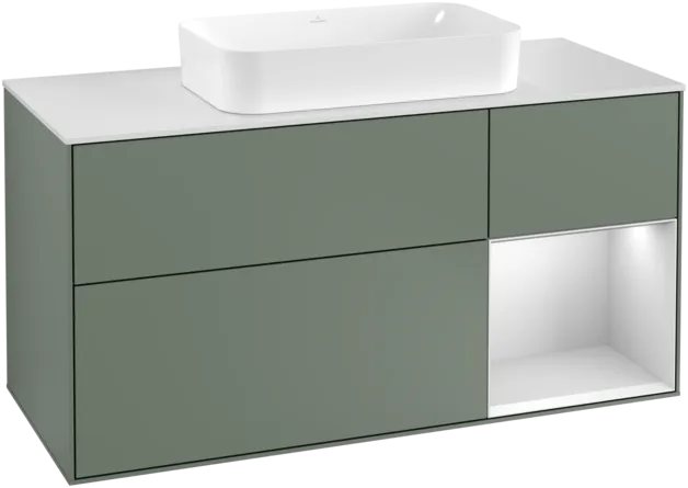 VILLEROY BOCH Toaletní skříňka Finion, s osvětlením, 3 výsuvy, 1200 x 603 x 501 mm, olivový matný lak / bílý matný lak / bílé matné sklo #F301MTGM