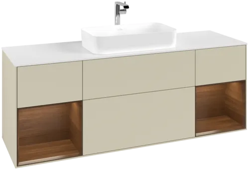 VILLEROY BOCH Toaletní skříňka Finion, s osvětlením, 4 výsuvy, 1600 x 603 x 501 mm, hedvábně šedý matný lak / ořechová dýha / sklo bílé matné #F331GNHJ