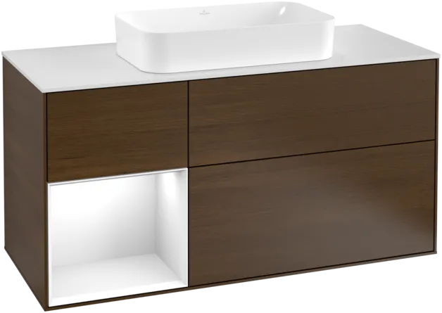 VILLEROY BOCH Toaletní skříňka Finion, s osvětlením, 3 výsuvy, 1200 x 603 x 501 mm, ořechová dýha / lesklý bílý lak / sklo bílé matné #F291GFGN