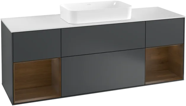 VILLEROY BOCH Toaletní skříňka Finion, s osvětlením, 4 výsuvy, 1600 x 603 x 501 mm, půlnočně modrý matný lak / ořechová dýha / sklo bílé matné #F331GNHG