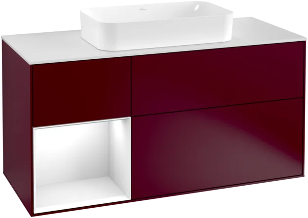 VILLEROY BOCH Toaletní skříňka Finion, s osvětlením, 3 výsuvy, 1200 x 603 x 501 mm, matný lak Peony / lesklý bílý lak / matné bílé sklo #F291GFHB