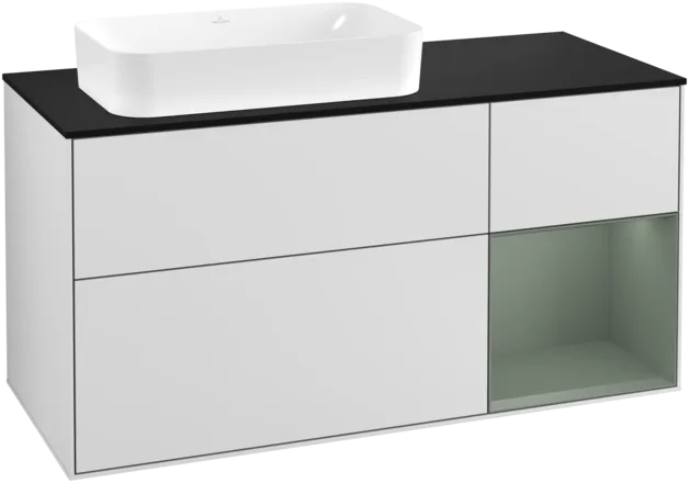 VILLEROY BOCH Toaletní skříňka Finion, s osvětlením, 3 výsuvy, 1200 x 603 x 501 mm, bílý matný lak / olivový matný lak / černé matné sklo #F282GMMT
