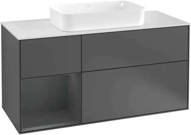 VILLEROY BOCH Toaletní skříňka Finion, s osvětlením, 3 výsuvy, 1200 x 603 x 501 mm, antracitový matný lak / půlnoční modrý matný lak / bílé matné sklo #F291HGGK
