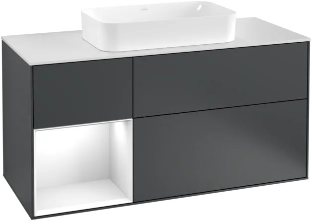VILLEROY BOCH Toaletní skříňka Finion, s osvětlením, 3 výsuvy, 1200 x 603 x 501 mm, Midnight Blue Matt Lacquer / Glossy White Lacquer / Glass White Matt #F291GFHG