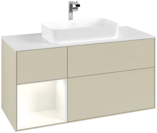 VILLEROY BOCH Toaletní skříňka Finion, s osvětlením, 3 výsuvy, 1200 x 603 x 501 mm, hedvábně šedý matný lak / lesklý bílý lak / bílé matné sklo #F291GFHJ